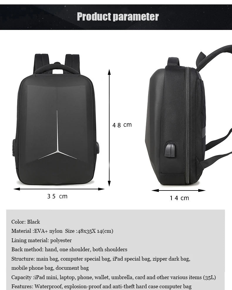 Hard Shell Anti-Theft Laptop Backpack — Waterproof & USB Charging