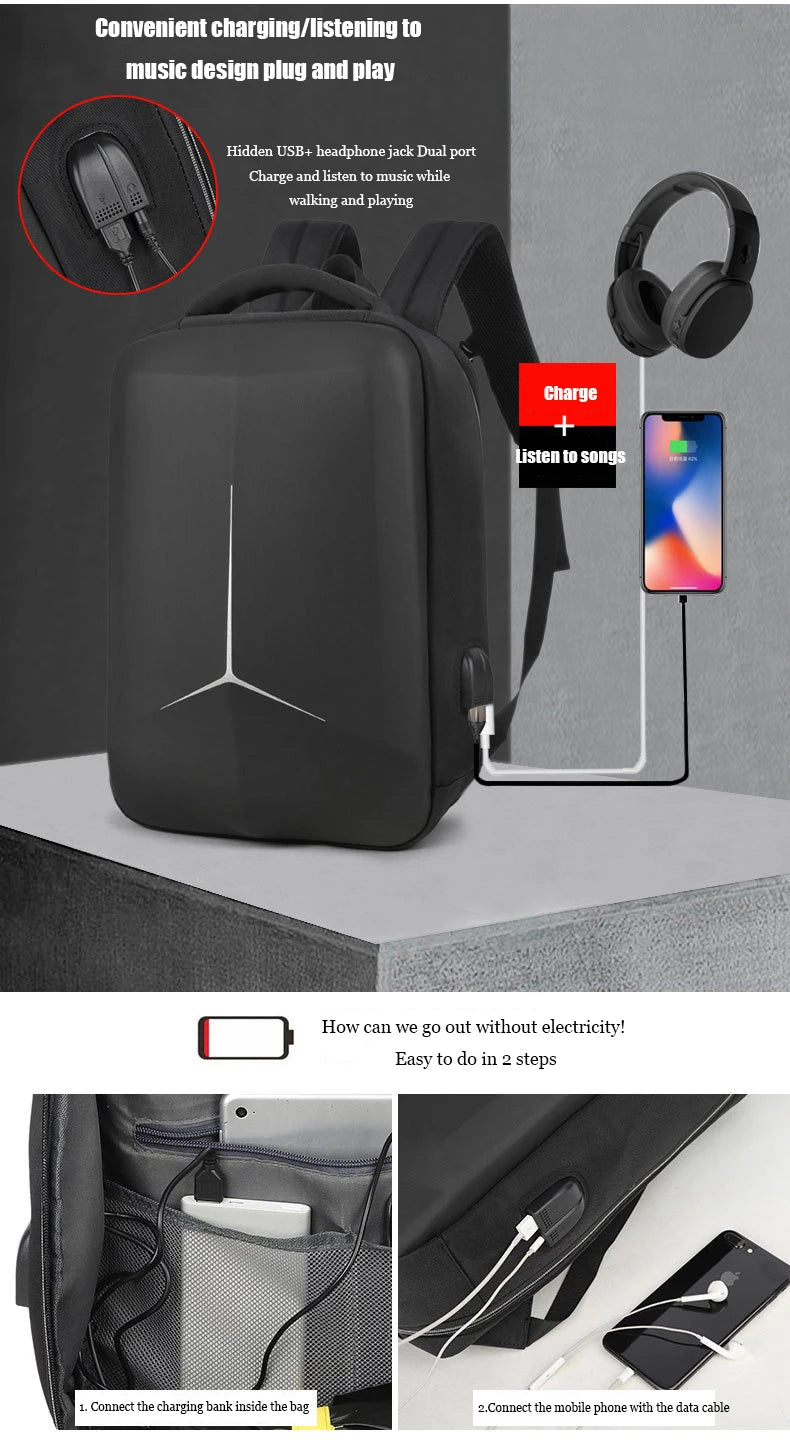 Hard Shell Anti-Theft Laptop Backpack — Waterproof & USB Charging